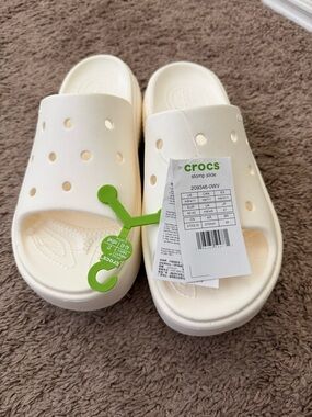 CROCS White Slide Clogs with Green Tag